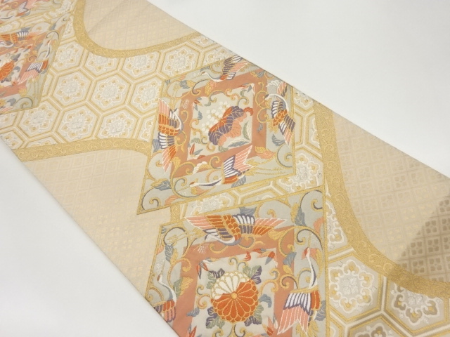 菱に鳥・桐・菊模様織出し袋帯